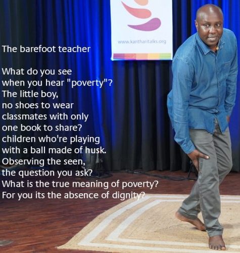 Founder, Kenneth in the picture in blue shirt and grey khaki trouser, with a post on poverty in the eyes of a child